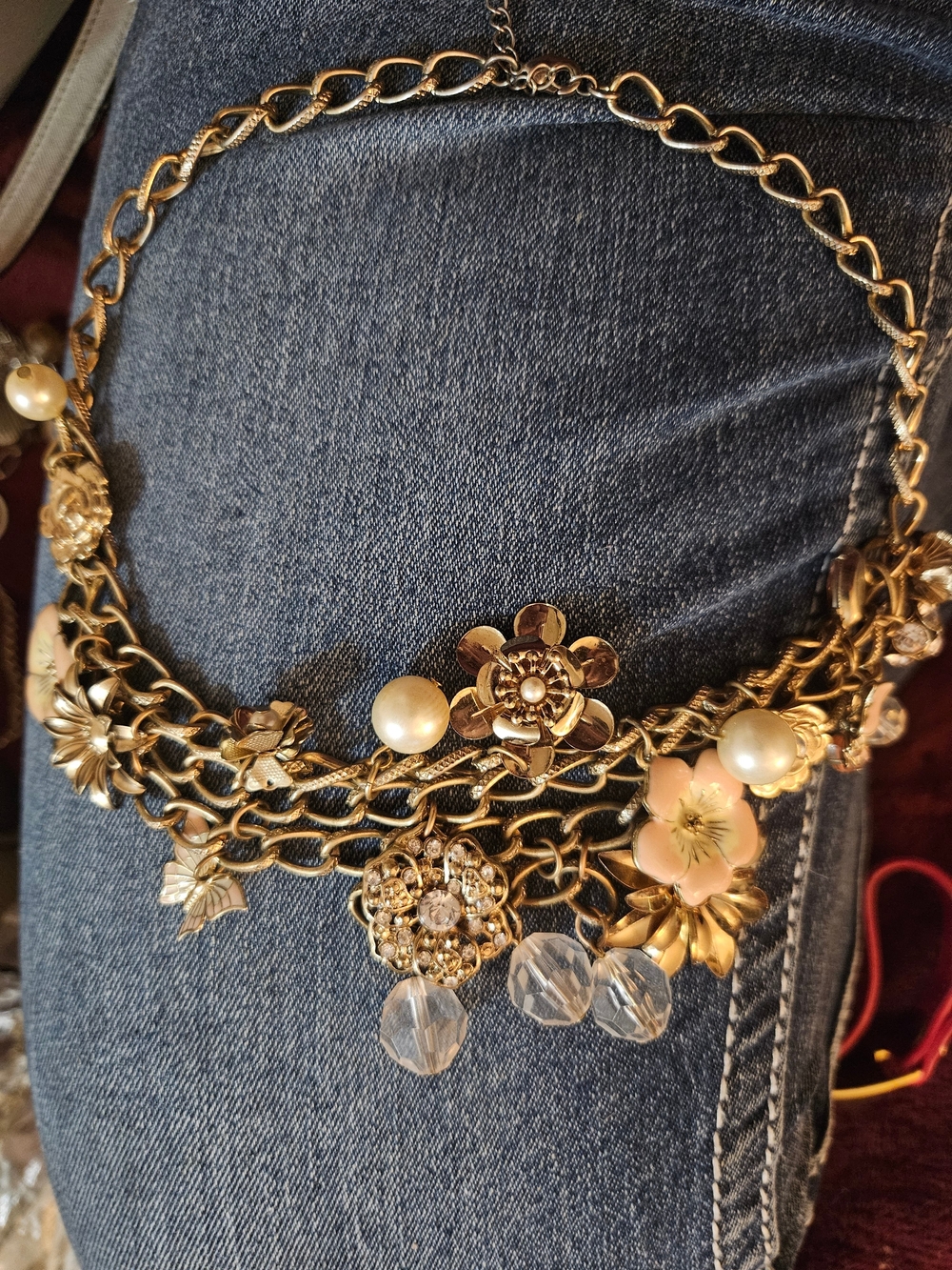 Talbots Gold-Tone Floral Statement Necklace with Pearls and Crystals